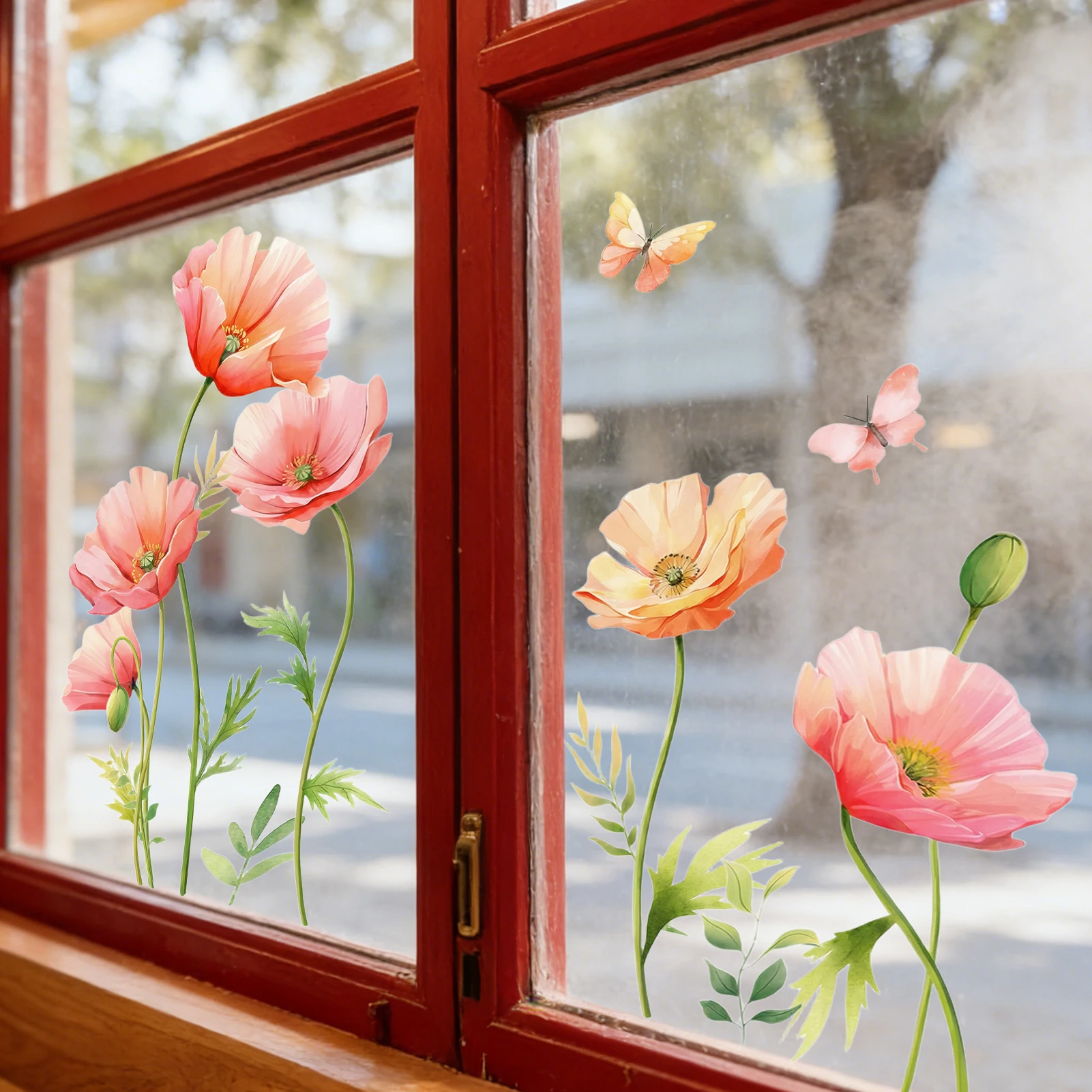 Watercolor Poppy Wall Decal, Soft Pink & Peach Poppy Flowers with Butterflies and Greenery Vinyl Wall Sticker for Home Decor