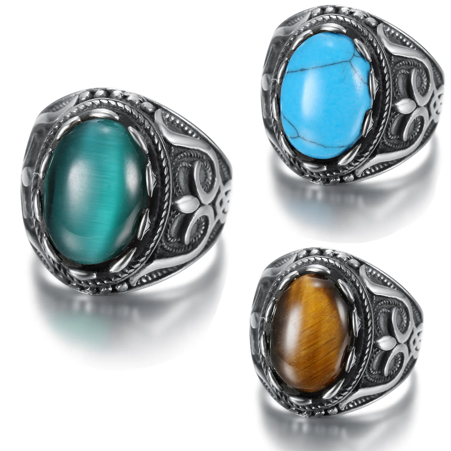 

Men's Stainless Steel Gemstone Rings, Minimalist Oval Large Gem Design, Hip-Hop Punk Style Jewelry for Daily & Party Looks