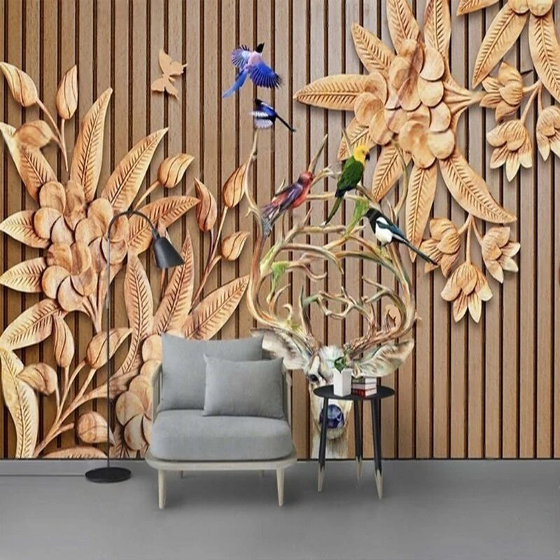 Modern Wood Carving Flower Wood Grain 3D Deer And Bird Indoor Decoration Paintings For TV Coffee Shop Background Wall