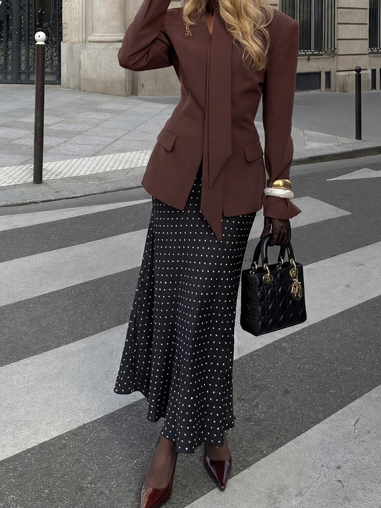 

Женская элегантная юбка HH весна-лето с принтом в горошек, из шелковистого атласа, модная модель 2026 года, приталенная, с завышенной талией, для вечеринок, миди