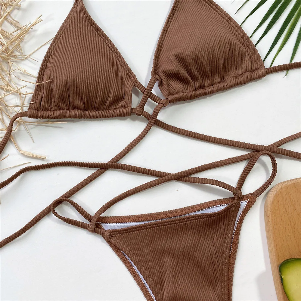 Sexy Brown Swimsuit String Halter Micro Thong Bikini 2025 Ribbed Swimwear Women Brazilian Triangle Bikinis Sets Bathing Suit