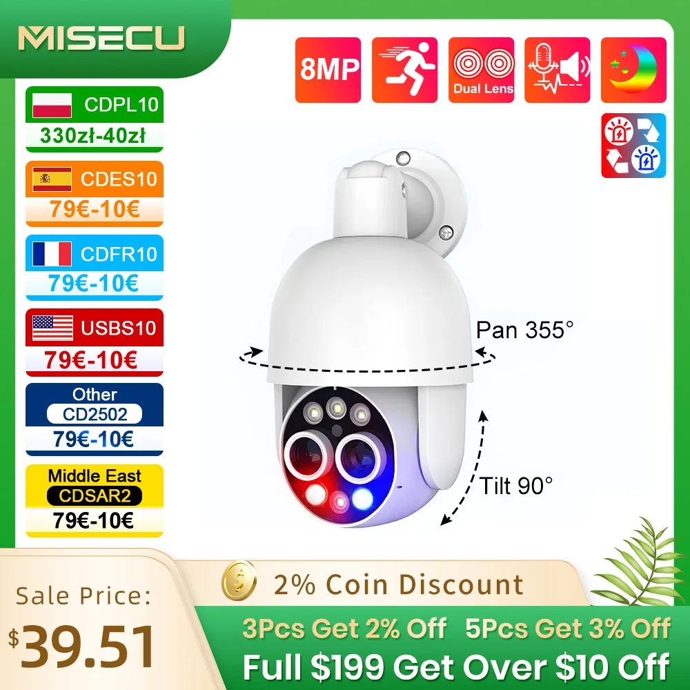 MISECU 4K PTZ 8X 하이브리드 줌, 듀얼 렌즈 POE IP 카메라, 8MP 야외 인간 감지 자동 추적 보안 카메라, 컬러 나이트, 2.8mm, 12mm