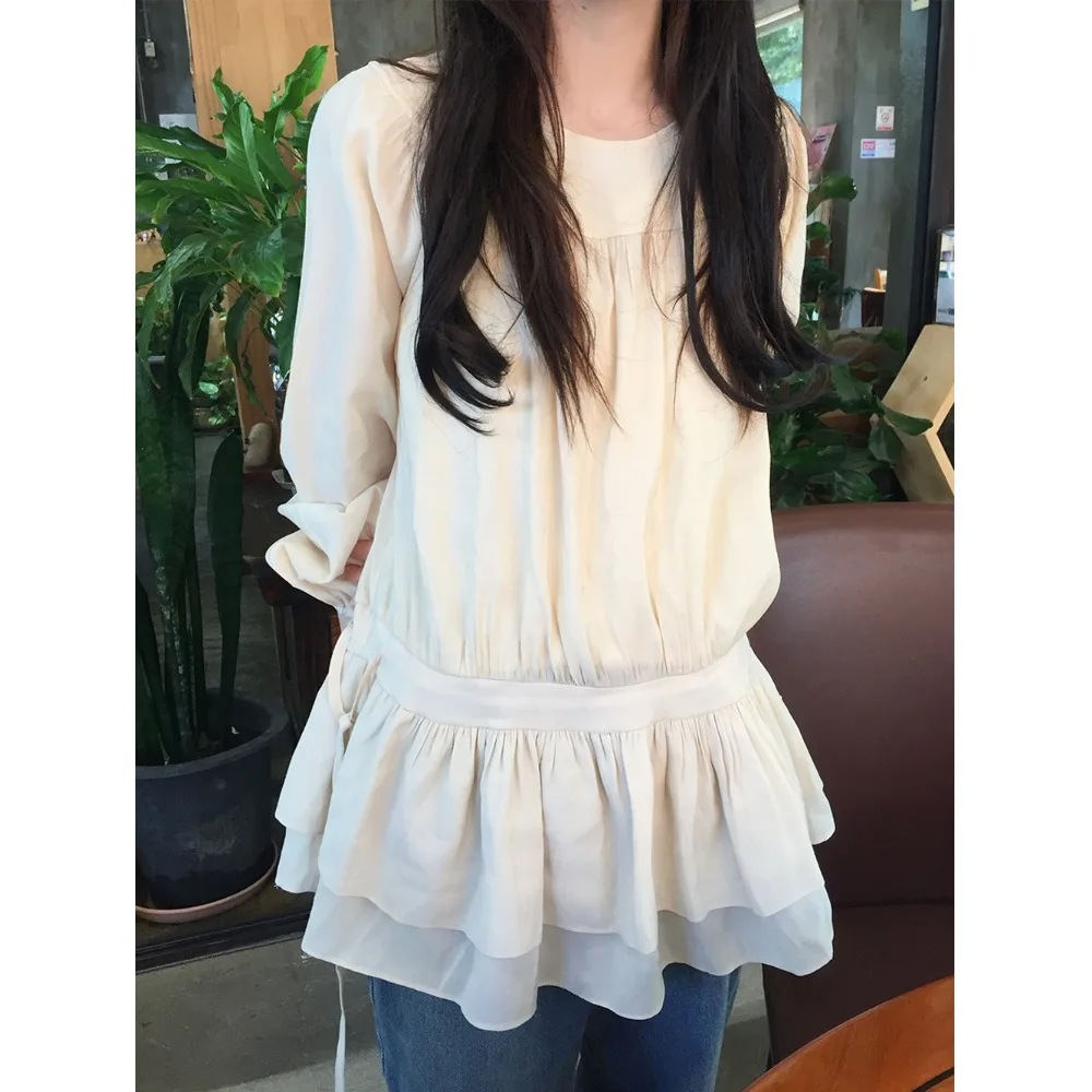

Sweet Girl's Spring 2026 New Style Long Sleeve Chiffon Waist Cinched Rope Dress Versatile Lace Shirt Women's Fashion