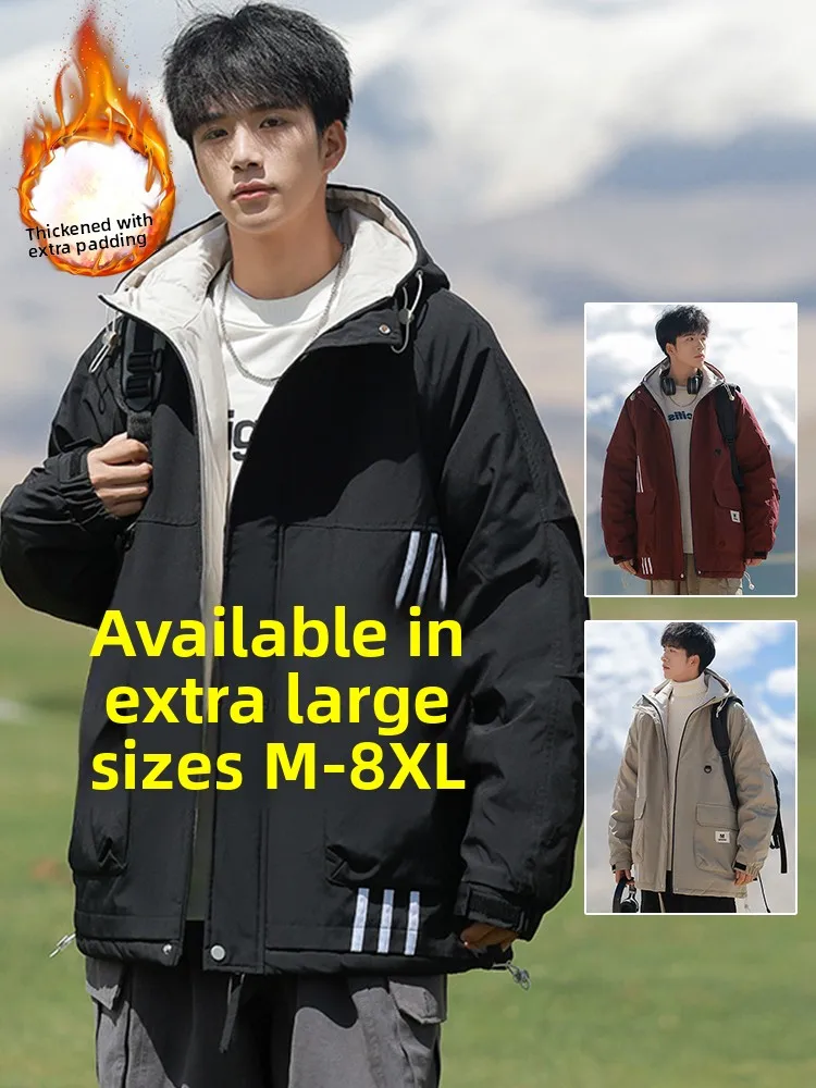 

Thiened Winter Cotton Jaet for Men Warm Hooded Coat Large Size Youth Faion Long Sve Zipper Closure Color Polye...