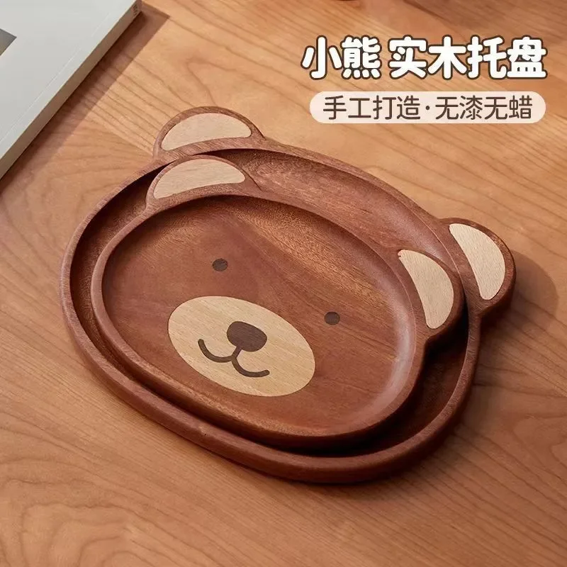 Wooden Bear Shaped Plate Cartoon Fruit Snack Tray Kids Dessert Dish Creative Baby Tableware for Home Dining Decor