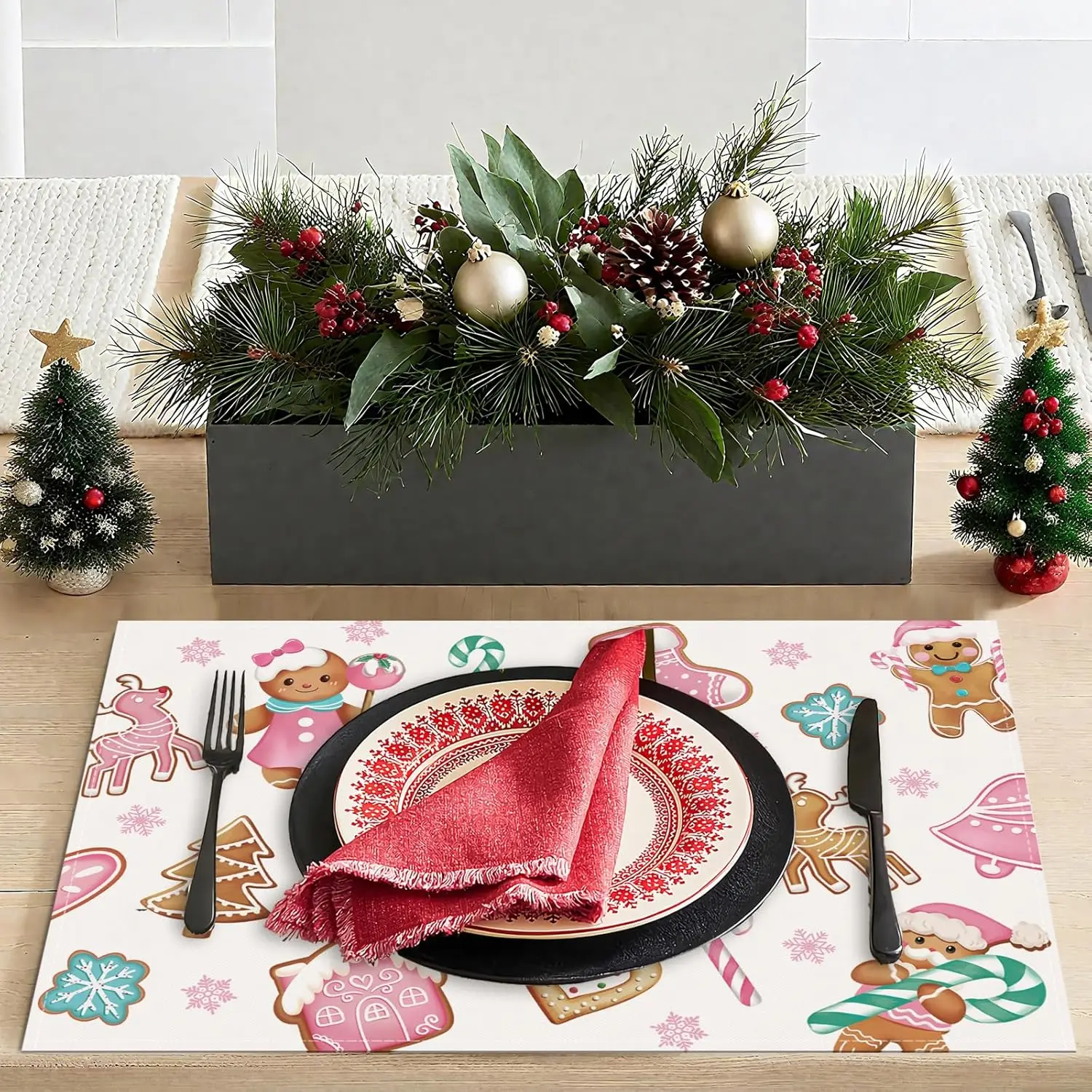 4pcs,Christmas Gingerbread for Man Placemats, Pink Xmas Candy Cane House Tree Kitchen Dinning Table Mats Place Mats for Indoor