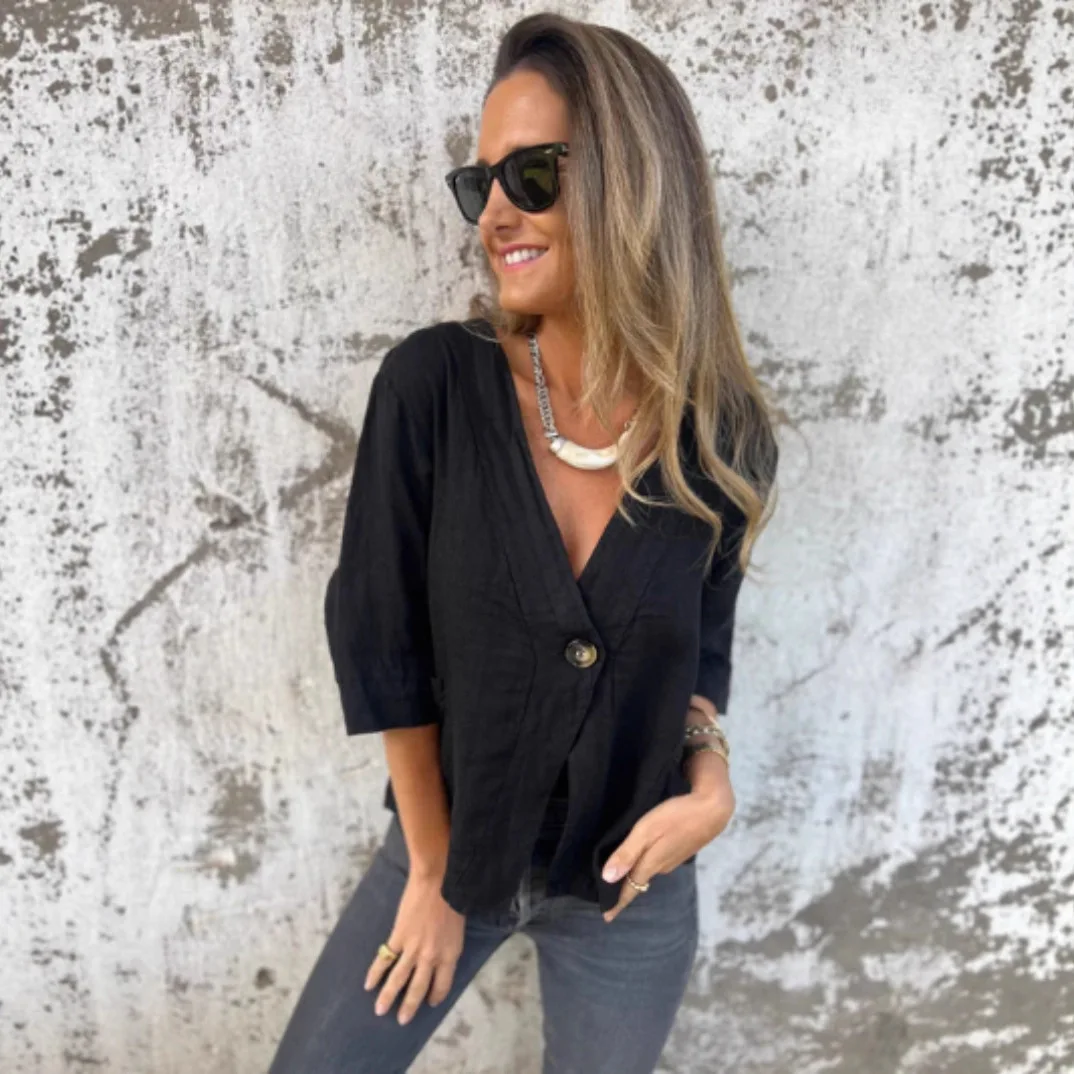 

Women's Clothing 2025 Spring and Autumn New Loose Casual Women's V-neck Cotton and Linen Solid Color Shirt T-shirt