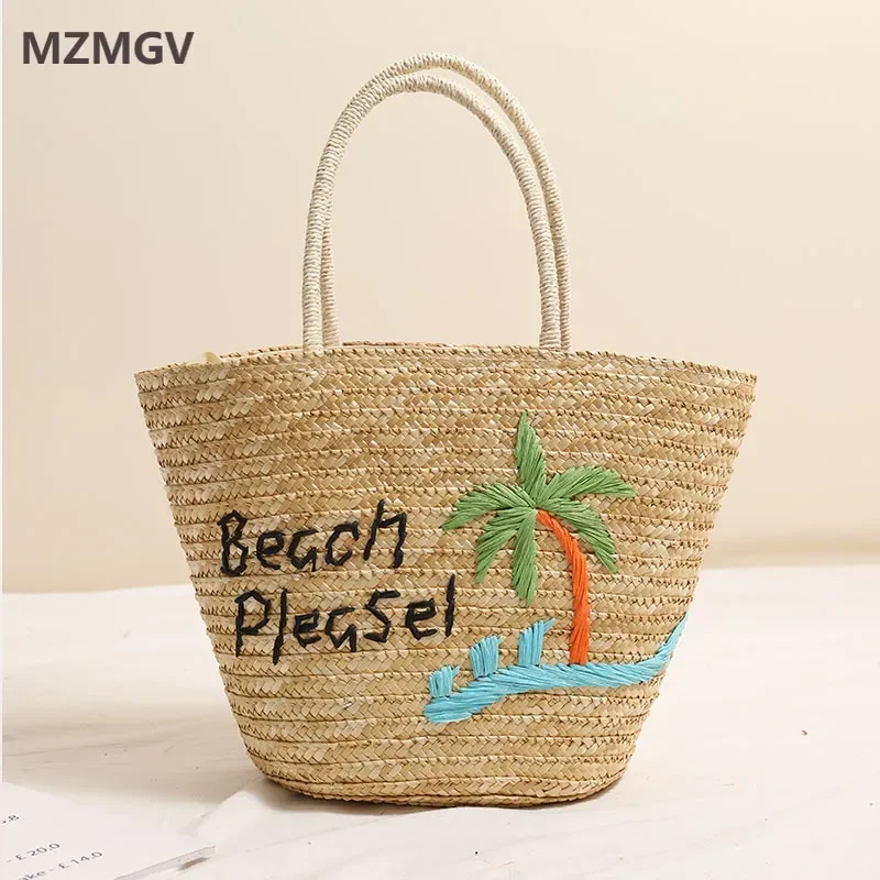 

New Style Coconut Tree Embroidered Straw Bag Summer Vacation Style Women's Large-capacity Rattan Woven Handbag Seaside Beach Bag
