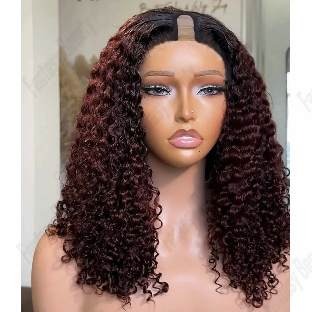 

Кудрявый вьющийся парик с U-образной частью, человеческие волосы, регулируемые с зажимами, бордовый, красный, бесклеевой, 1x4, V-образный парик, человеческие волосы, легко носить для чернокожих женщин