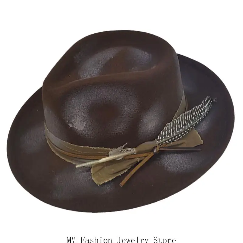 エレガントなユーズド加工バケツキャップ羽アクセントソフト通気性生地コスプレ衣装帽子女性と男性のため-d0ub