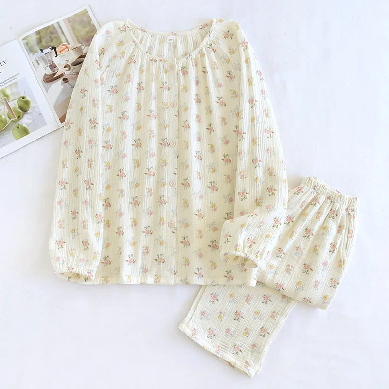 2pcs Women's Pajama Set Cottagecore Floral Print Style 100% Cotton Crew Neck Long Pants Thin Lightweight Wearable Outside Lounge