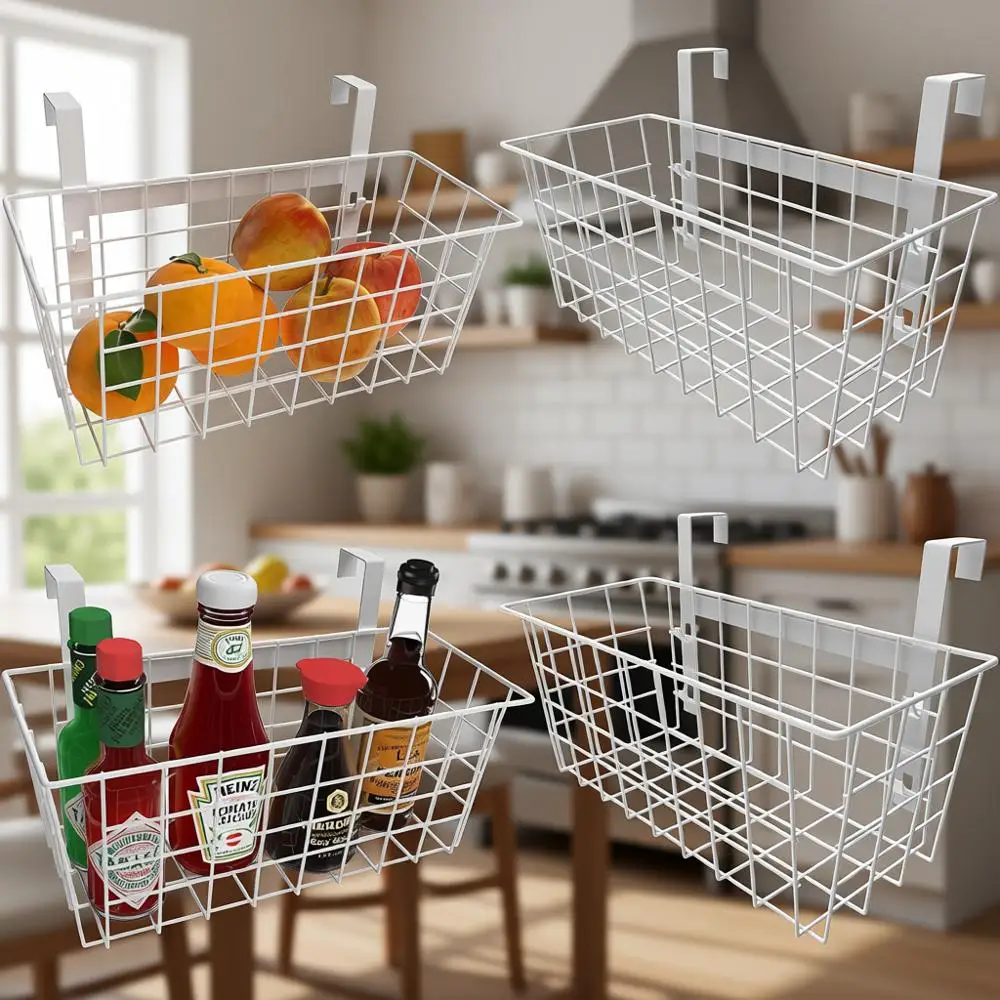 

White 4-Pack Hanging Baskets with Hooks for Door/Railing, Storage Solutions for Kitchen, Pantry, Bathroom