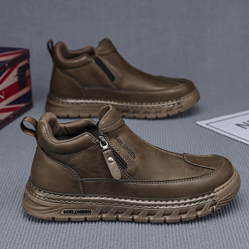 

2025 Men's Zipper Chelsea Slip-On Sneakers Breathable Boots White Skate Shoes Non-Slip Durable Casual Athletic Footwear for Men