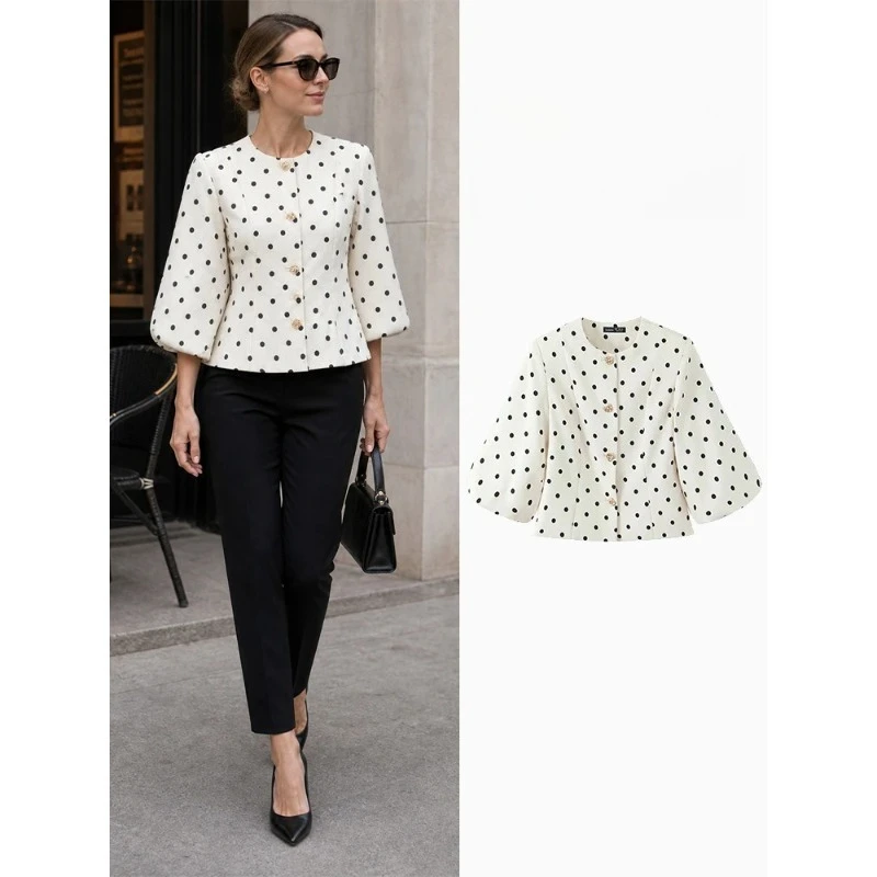 ZHIO Women Fashion Dot Printed Single Breasted Blazer Vintage O-Neck Long Sleeves Female Chic Lady Coats Outfits