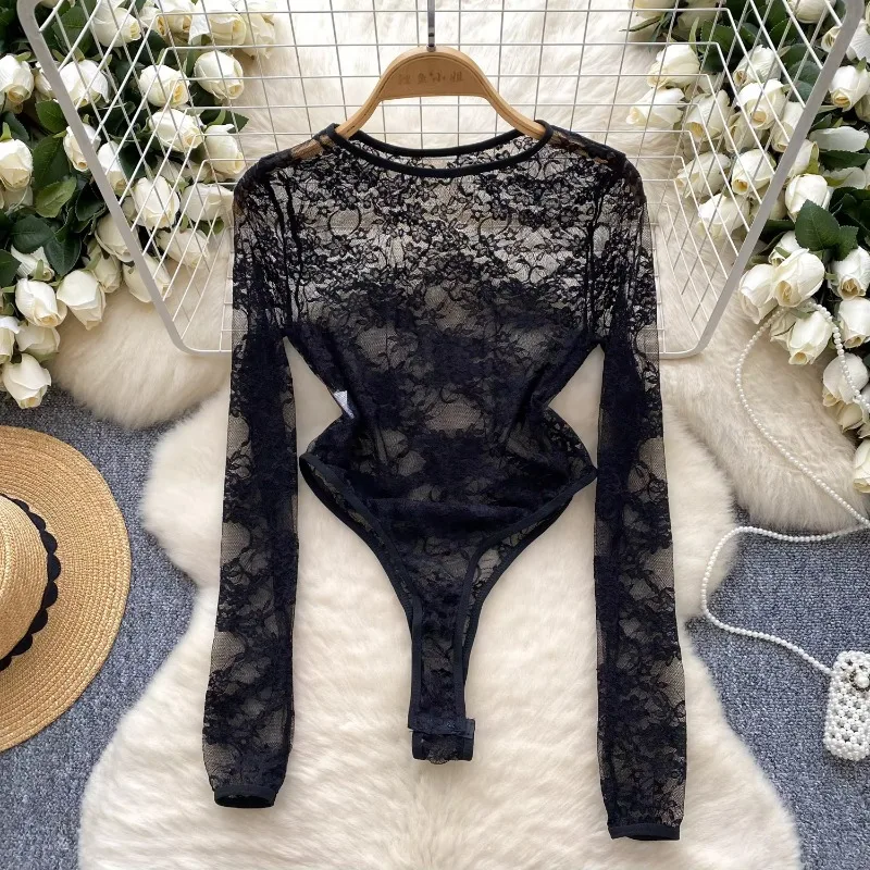 Hotsweet O-neck Elegant Long Sleeves Vintage See Through Hook Flower Lace Chic Bodysuits Elastic Top High Street Autumn Jumpsuit