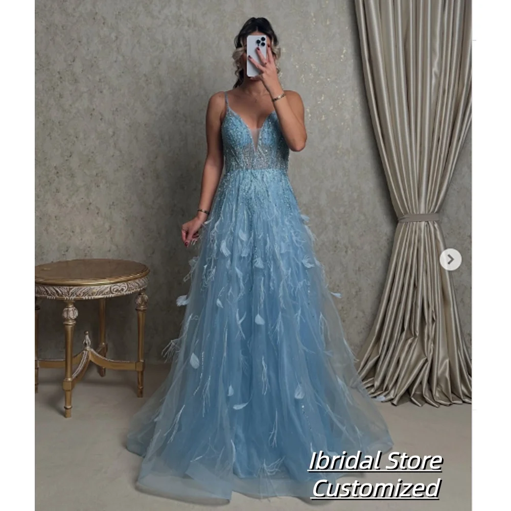 

Индивидуальные бретельки с кружевной аппликацией, вечерние платья трапециевидной формы, платье для выпускного вечера с кристаллами и перьями, Vestido, платья Azul Serenity