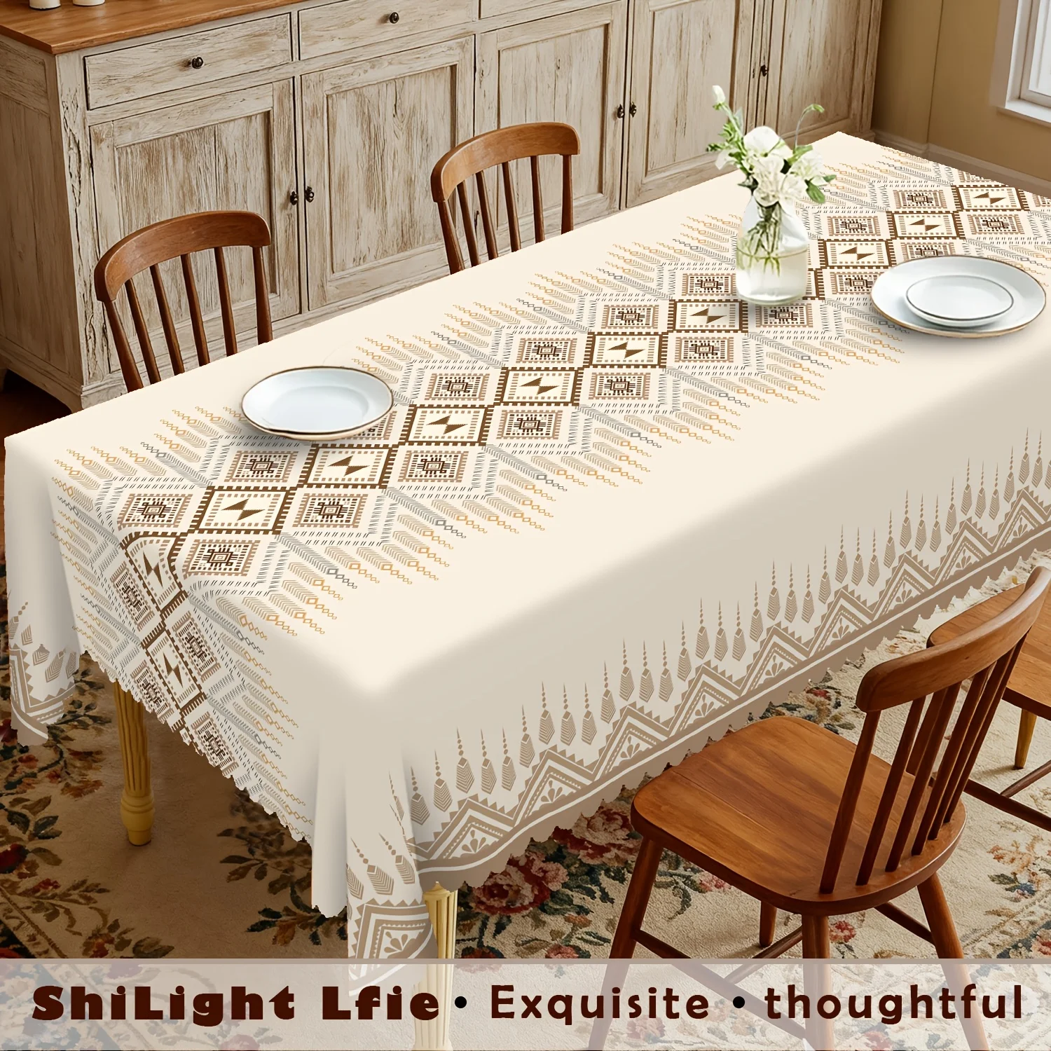 One Bohemian-style tablecloth, with a beige base featuring geometric patterns and a wavy edge design.