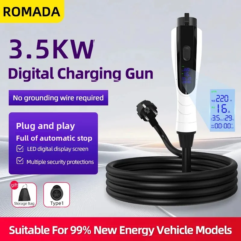 

ROMADA 3.5KW 16A Type1 SAE J1772 EU plug EV Portable Charger 3M-10M Cable EVSE EU Plug Wallbox Adapter For Electric Vehicle
