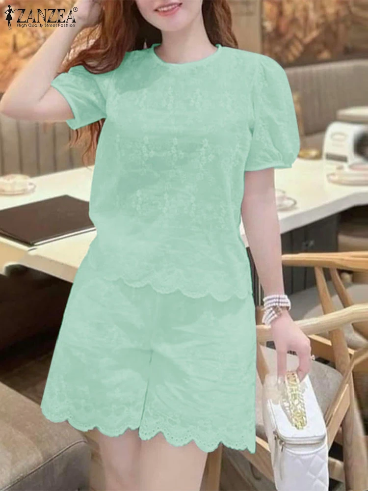 

Лето 2024, короткие комплекты, женские богемные одинаковые комплекты ZANZEA, элегантная кружевная лоскутная блузка, брючный костюм, модные рабочие спортивные костюмы