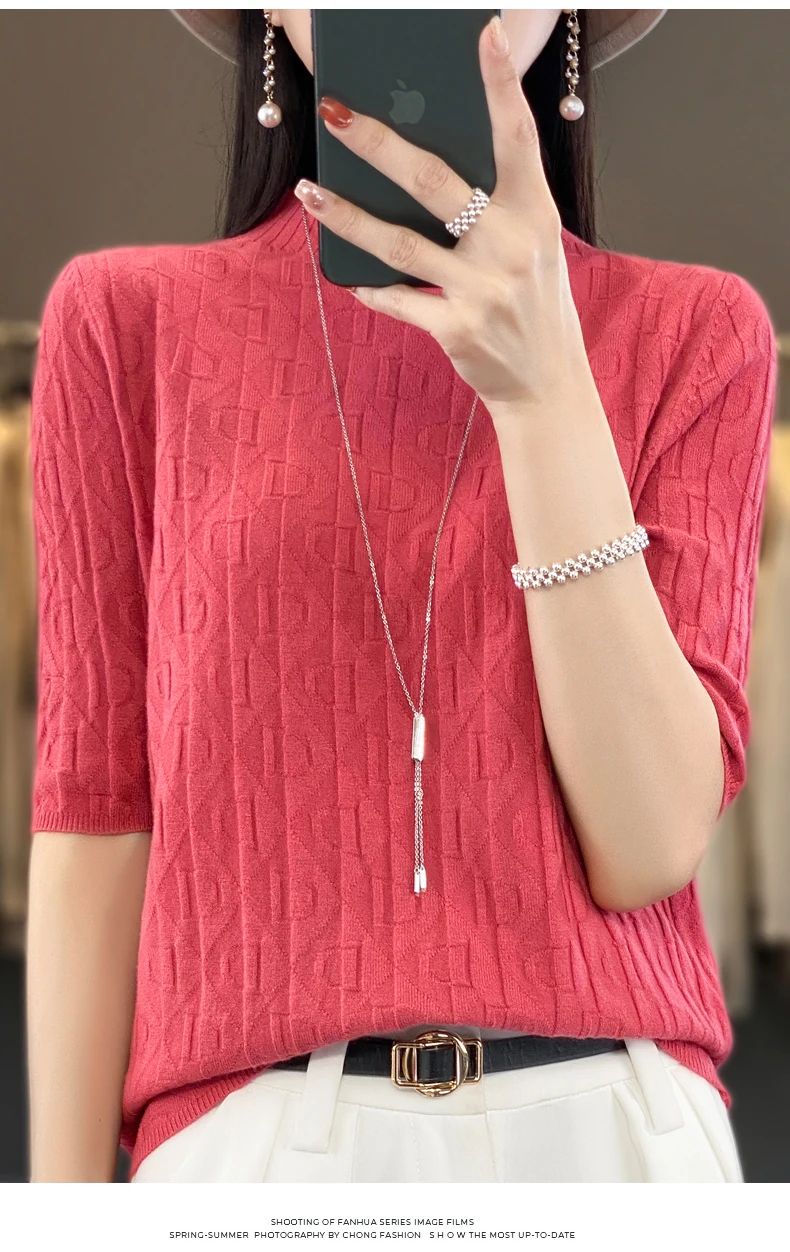 Women New Soft Diamond Letter Design Sweater Half-high Collar Three Quarter Sleeve Pullover Spring Summer Casual Knit Slim Top