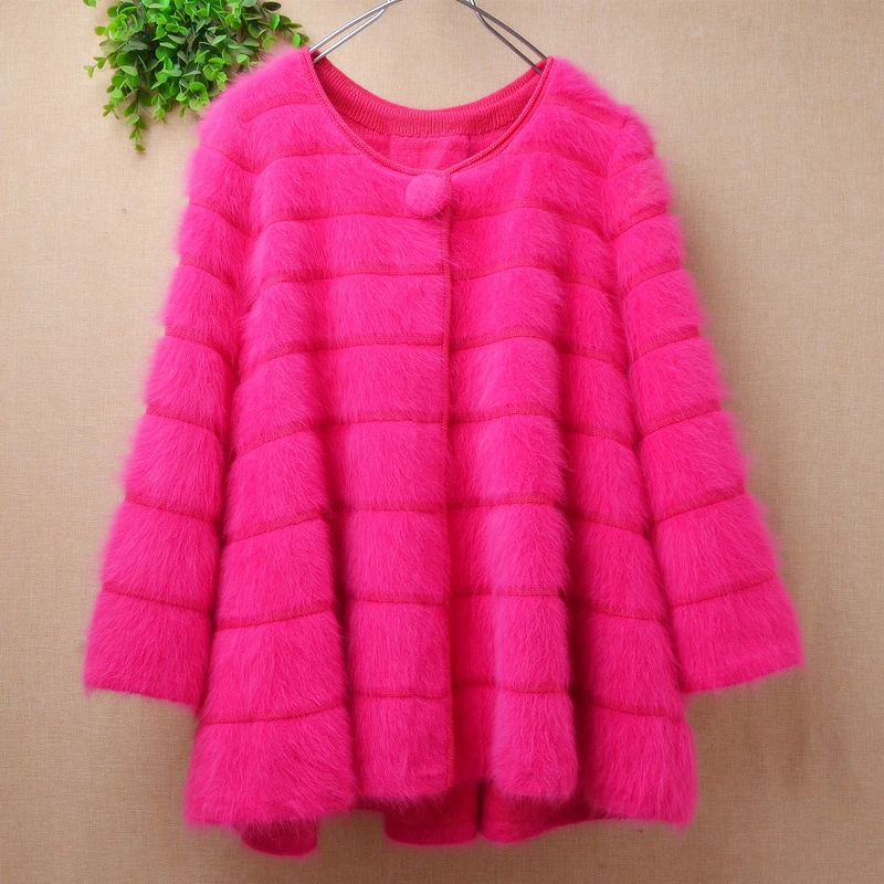 Pull Rose Female Women Hairy Mink Cashmere Knitted Three Quarter Sleeves Cute Loose Cardigans Angora Fur Sweater Jacket Pull Top