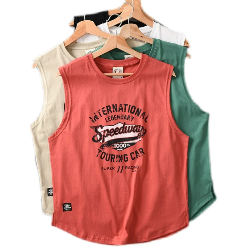 Summer New American Retro Sleeveless O-neck Letter Printed T-shirt Men\'s Fashion 100% Cotton Washed Old Casual Sports Vest Tops