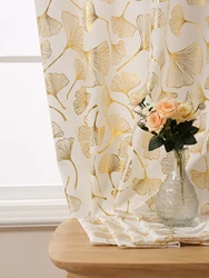 Sheer Curtains for Bedroom Gold Leaf Print White Window Treatment Set Grommet Top