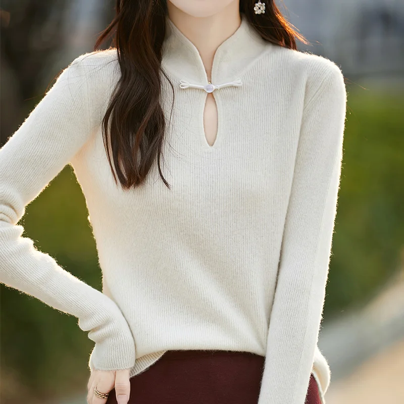 Chinese Style Women Wool Sweaters  Women V-neck Long Sleeve Cashmere Sweaters 2024 Autumn/Winter New Fashion Knitwear Pullovers