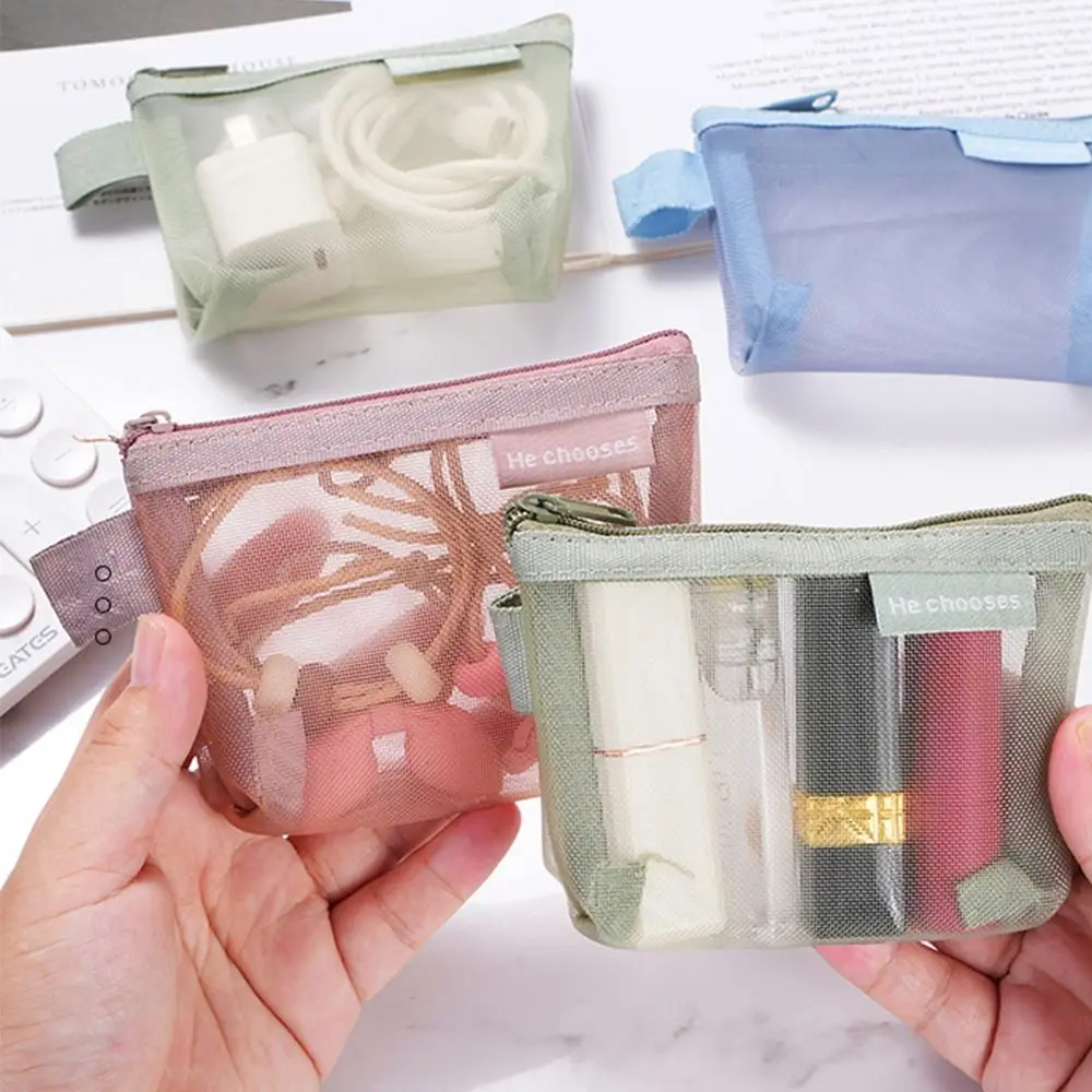 Change Storage Bag Clear Mesh Bag Lipstick Cosmetic Bag Small Item Bag Mini Coin Purse Data Cable Storage Bag Solid Color