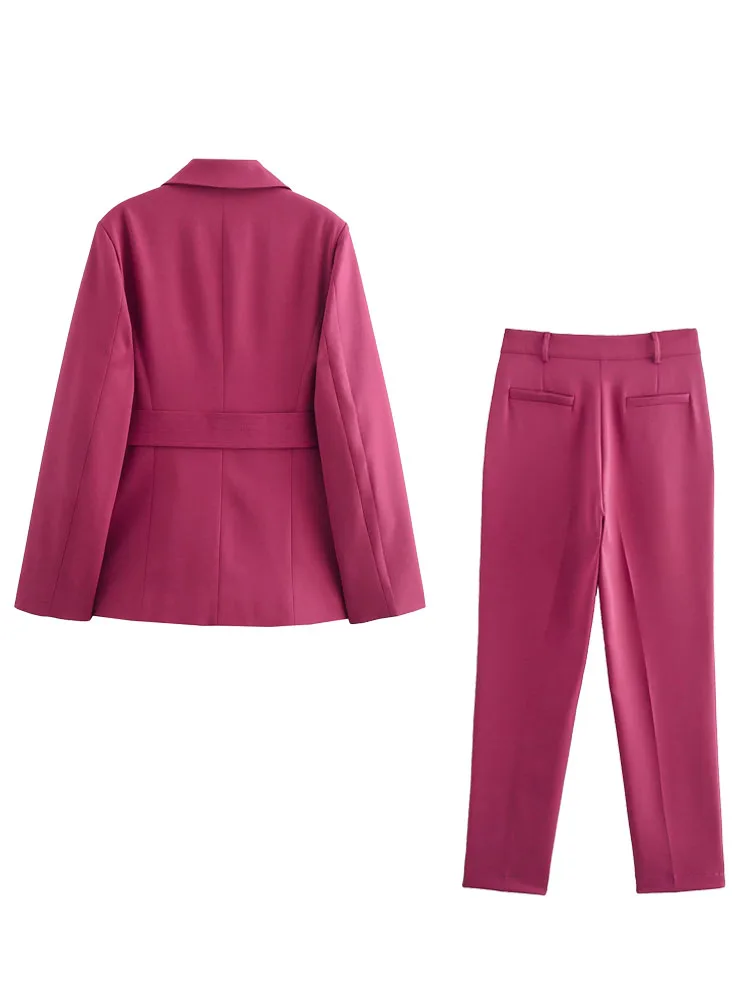 TRAFZA-Ensemble Blazer et Pantalon de Bergame pour Femme, lèvent, Manches sulf, Conception de Ceinture au Dos, Poches à la Taille artificiel astique, Solide, Mode, 2 Pièces