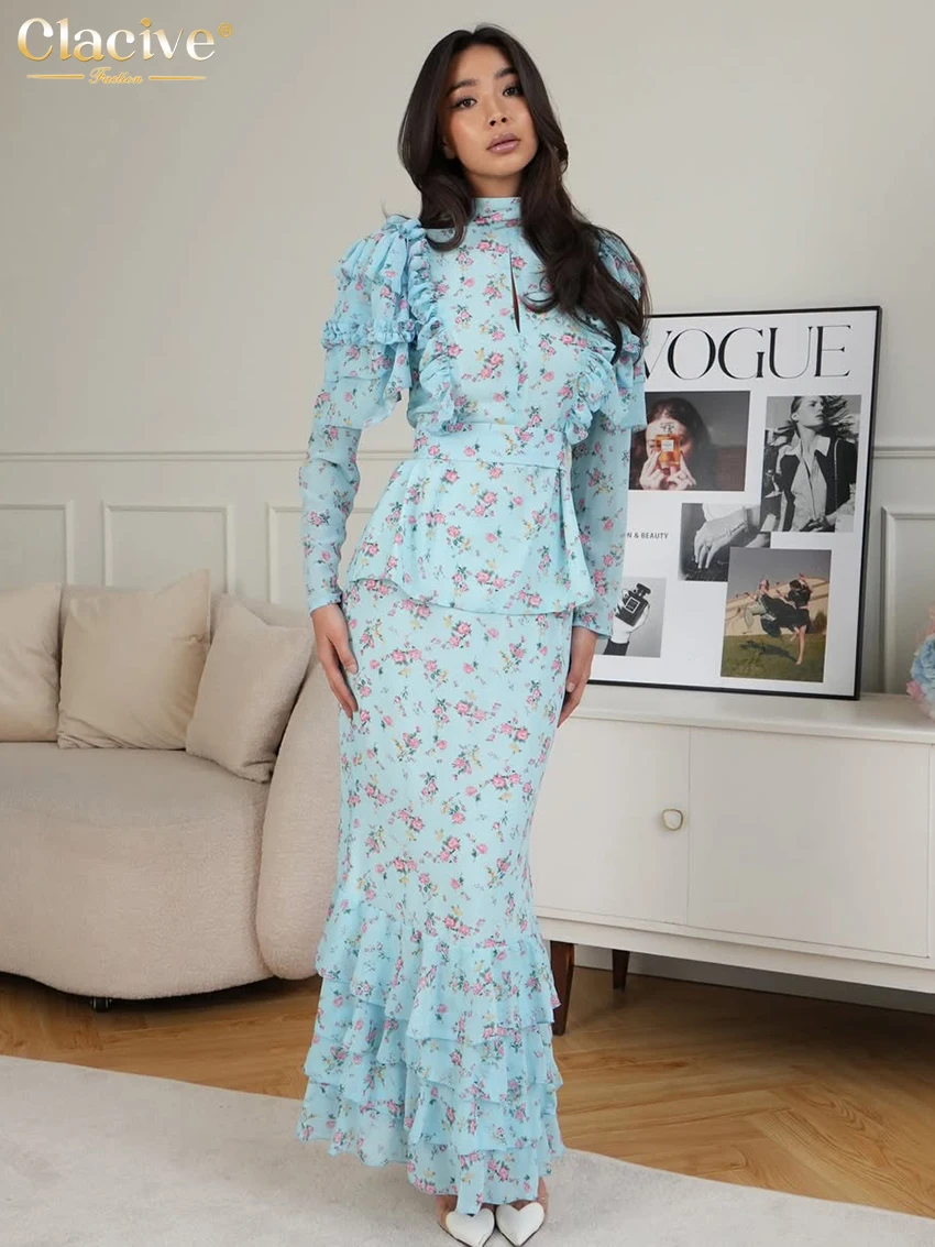 

Clacive Fashion Loose Print Women Dress Autumn Stand Collar Long Sleeve Ankle Length Dresses Lady Elegant Classic Pleated Dress