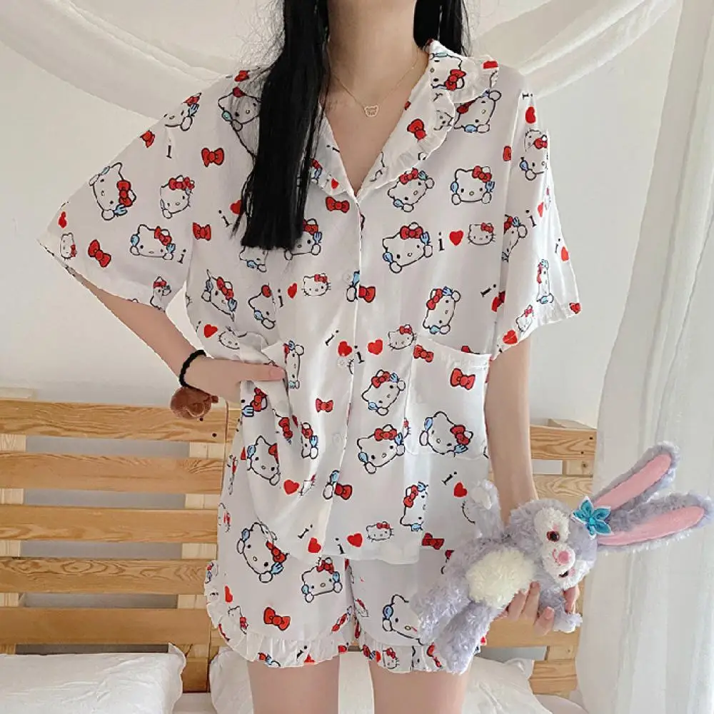 Sanrioed Cartoon Pajamas Suit Kuromi Hello Kitty Cotton Summer Homeclothes Anime Casual Short Sleeves Shorts Student Dormitory