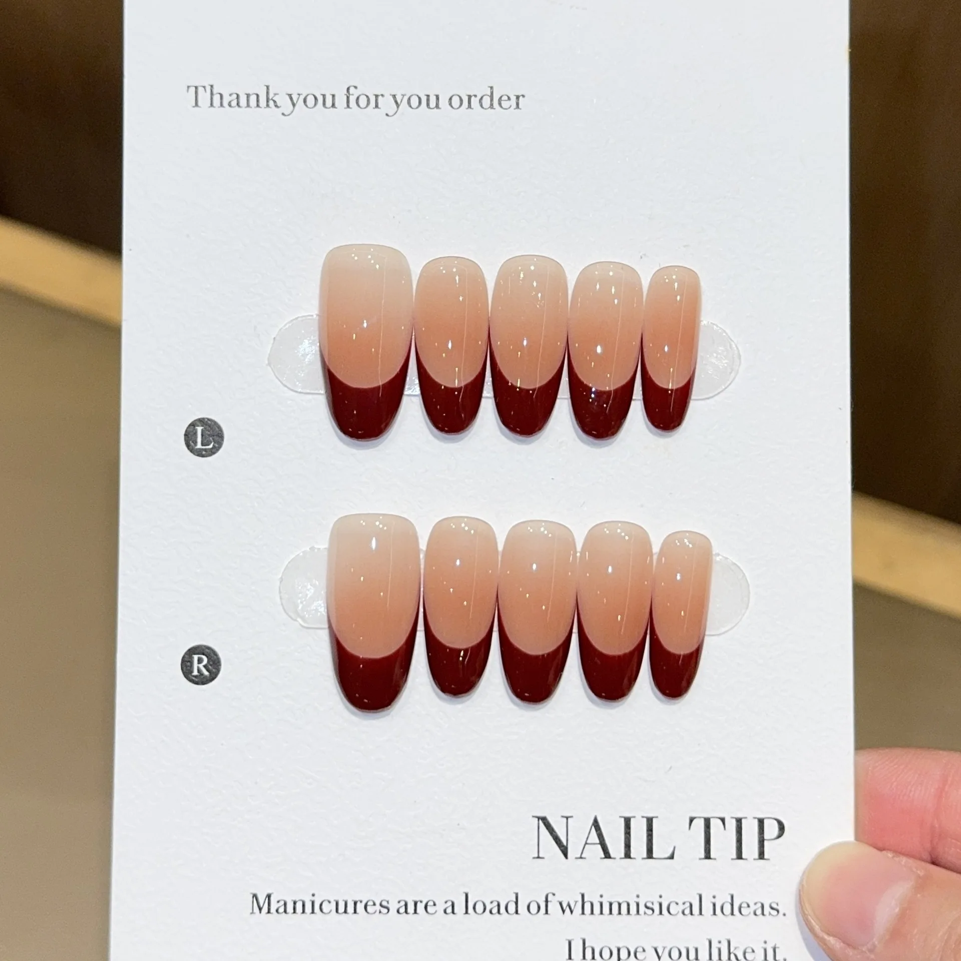 

10Pcs Handmade French Daily Simple Red Press on False Nails Stickers Nude Color Mid-length Almond Wearable Finished Manicure Set