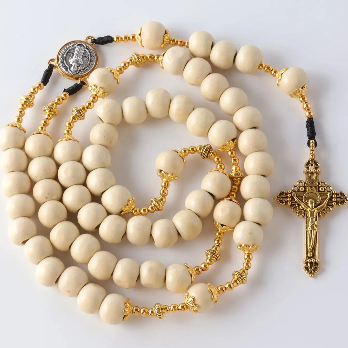 2025 Neu 1 Stück Vintage Katholischer Rosenkranz Schmuck 59 Stück 10mm Holzperlen Kreuz-Halskette, Handgefertigt – Detail 5