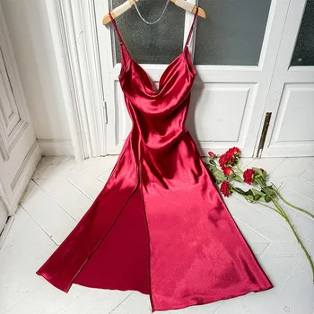 2024 여름 여성용 섹시한 롱 잠옷, 아이스 실크 얼룩 매혹적인 실크 얼룩 홀터 잠옷, 패션 홈웨어 