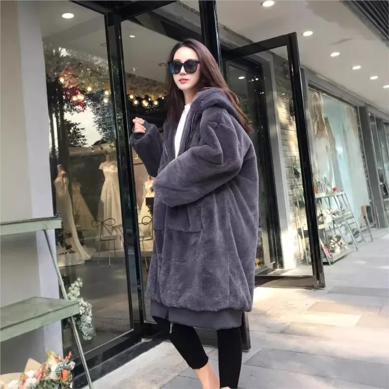 

New long large-sized fur mixed coat women's hooded thickened zipper warm and fluffy