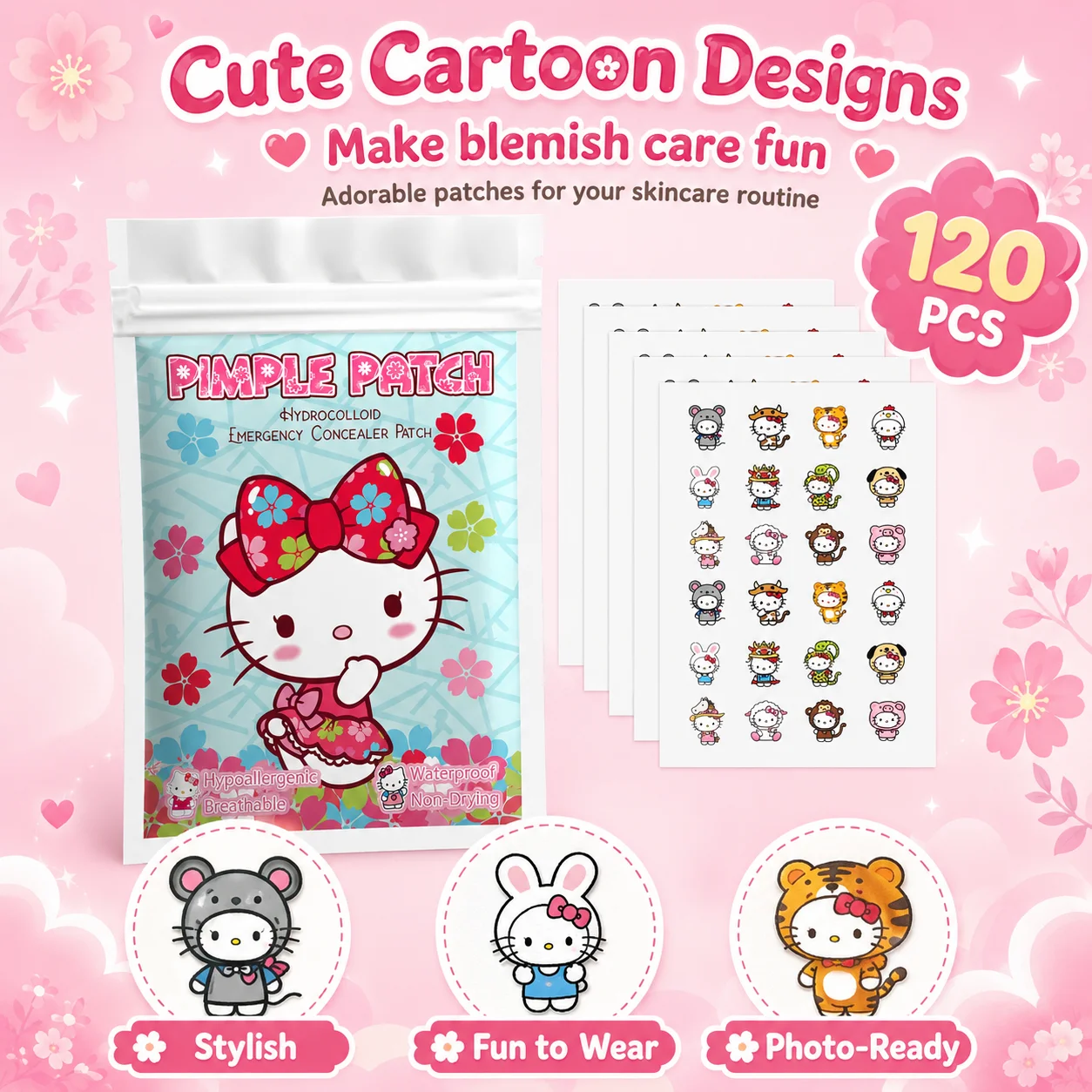 120PCS Hello Kitty Cute Face Stickers, Hydrocolloid Pimple Patches for Invisible Blemish Concealing