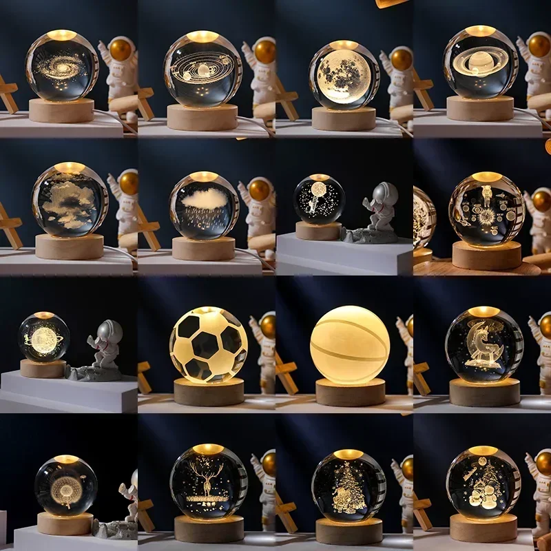 6/8cm 3D LED Night Light Galaxy Solar System Crystal Ball Children Night Lamp Bedroom Ambient Light Creative Gift Night Light