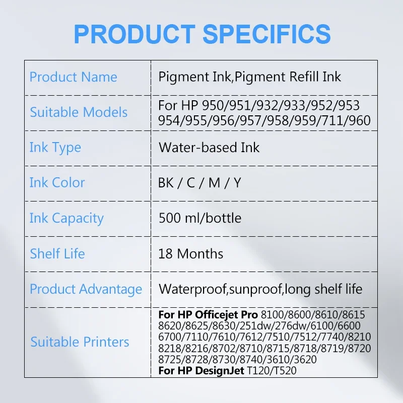 500ML Pigment Ink Refill Ink For HP 950 951 932 933 952 953 954 955 711 960 8100 8600 8620 7610 7510 T120 T520 7740 8210 8710