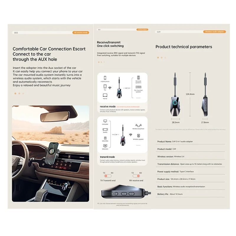 Transmetteur Bluetooth Bluetooth 5.4 stéréo Portable pour avion monté sur véhicule AUX