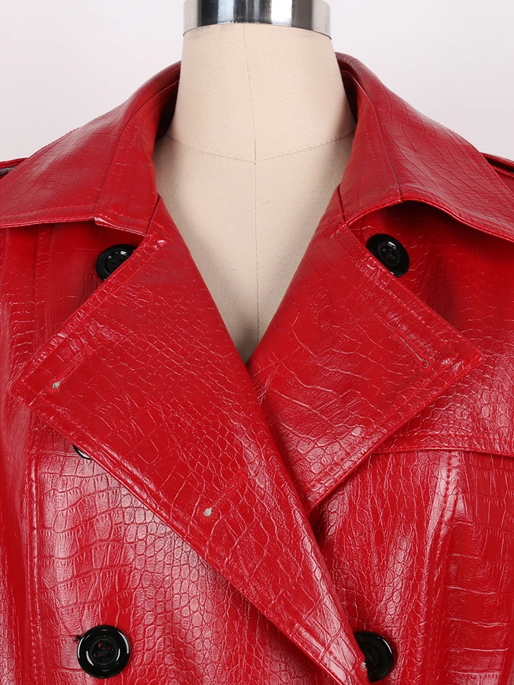 Nerazzurri Spring Long Red Shiny Hard Crocodile Print Pu Leather Trench Coat for Women Belt Double Breasted European Fashion 5xl