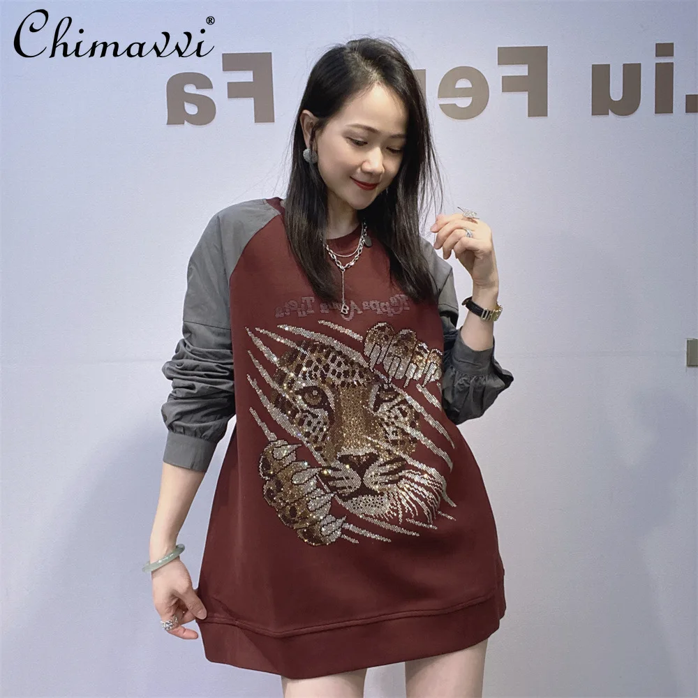 American Retro Round Neck Long-sleeved Sweatshirt Women's Autumn New Heavy Hot Diamond Loose Large Size Splicing Top Fashion