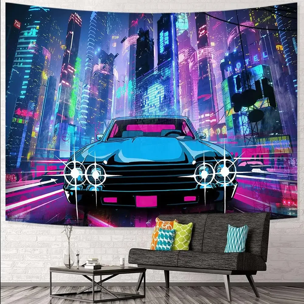 Retro Car Tapestry Punk City Japanese Neon City Tapestries 80x60Inch Night View Futuristic Cityscape Wall Hanging