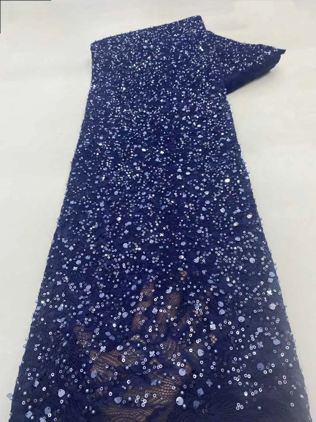 ผ้าลูกไม้แอฟริกันคุณภาพสูงสีดำ 5 หลา ปี 2025 ผ้าตาข่ายฝรั่งเศสประดับลูกปัดและเลื่อม สำหรับตัดเย็บชุดเดรส ผ้าทูลปักลายแบบไนจีเรีย