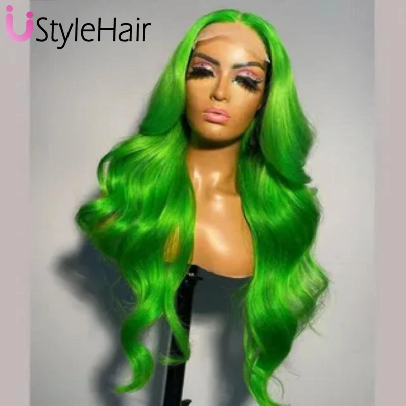 Wig gelombang hijau baru UStyleHair Wig depan renda sintetis panjang untuk wanita Wig renda depan Hijau penggunaan sehari-hari rambut pesta Cosplay