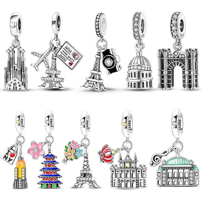 Pingentes de Prata Esterlina 925 com Temas de São Paulo, Paris e Torre Eiffel, Compatíveis com Pulseiras Originais e Colares, Joias DIY para Mulheres