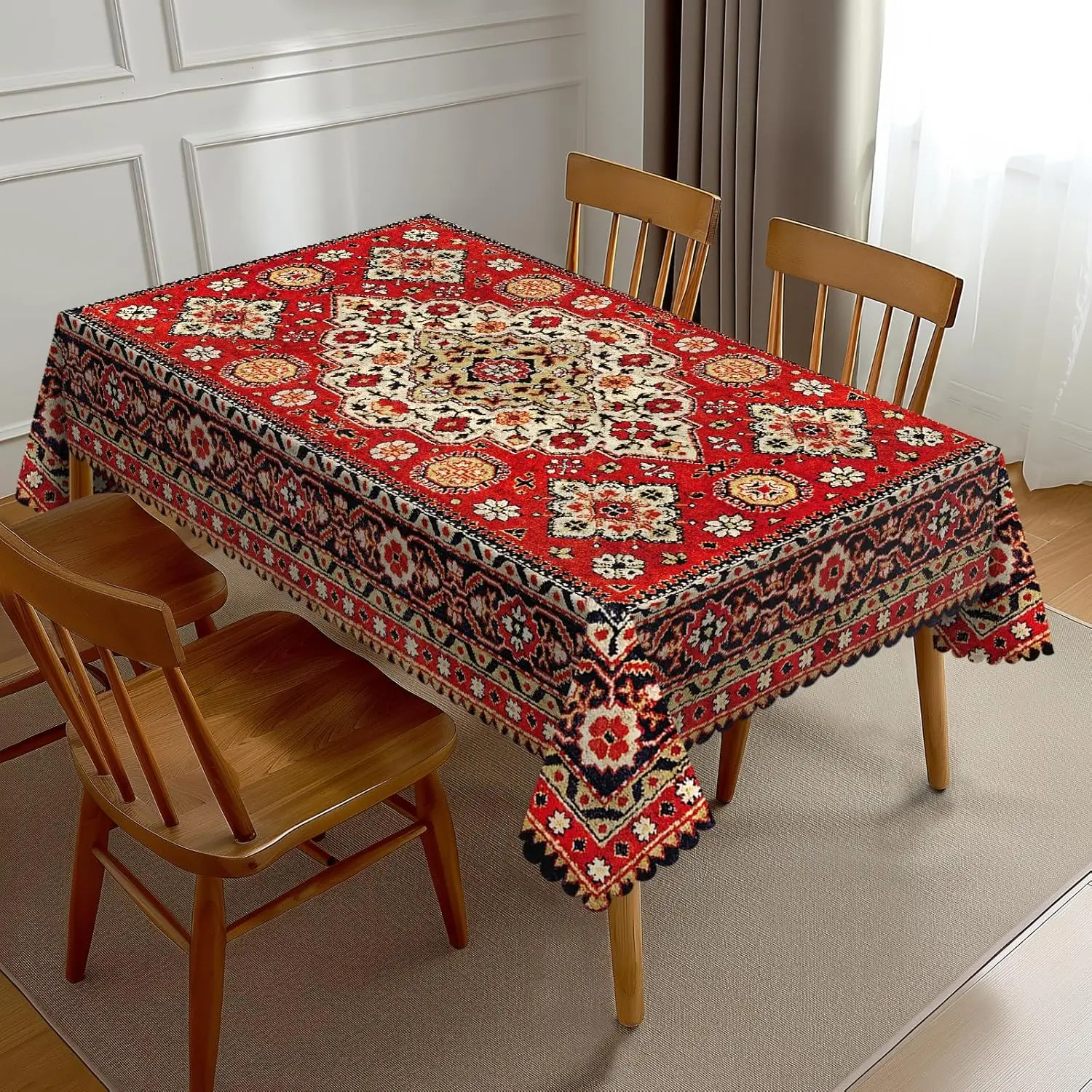 Royal Red Moroccan Carpet Tablecloth, Abstract Persian Texture Rectangular Washable Cover for Home Dining