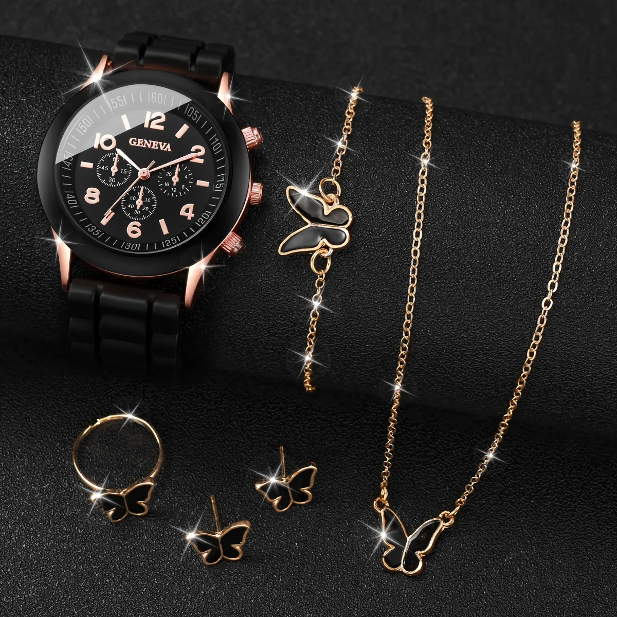 

6pcs/set Women's Watch Casual Round Pointer Quartz Watch & Butterfly Jewelry Set, Gift For Mom Her