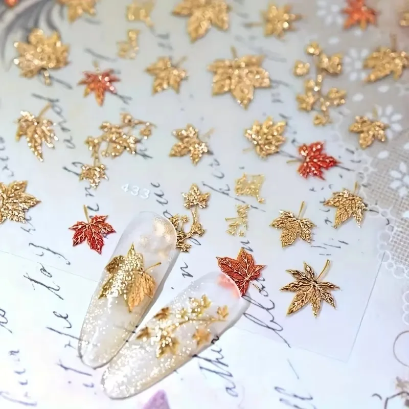 Autumn and Winter Gold Foil maple leaf Nail Stickers-Embossed Shiny Red maple leaf Nail Decoration, Suitable for Hol1pc