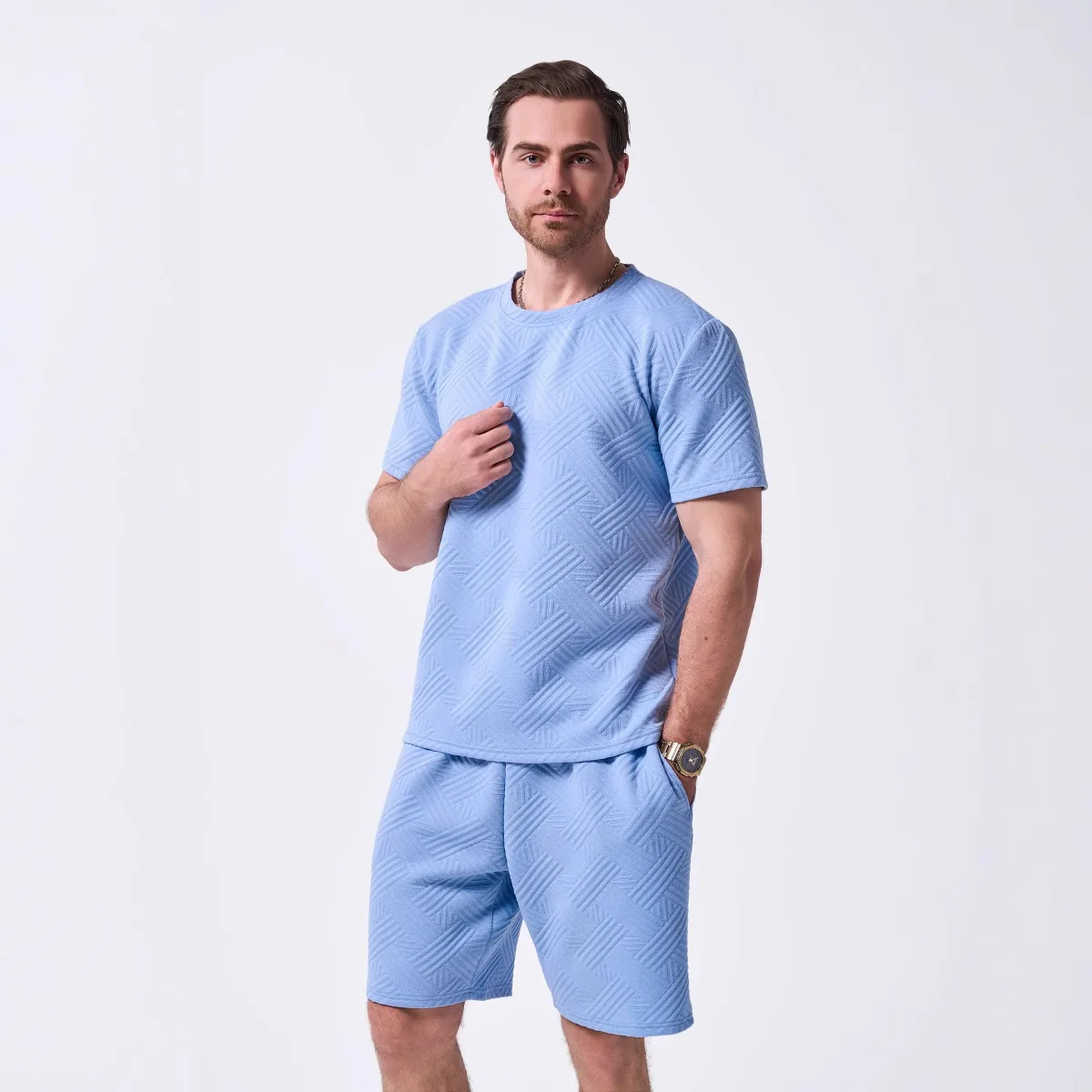 Summer Men's New Knitted Jacquard Solid Color Round Neck Short-sleeved Casual T-shirt Shorts Set